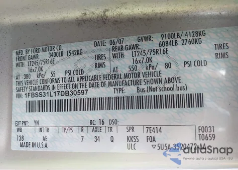 2007 Ford E-350 Super Duty Xl/Xlt z USA, uszkodzony, nr VIN 1FBSS31L17DB30597